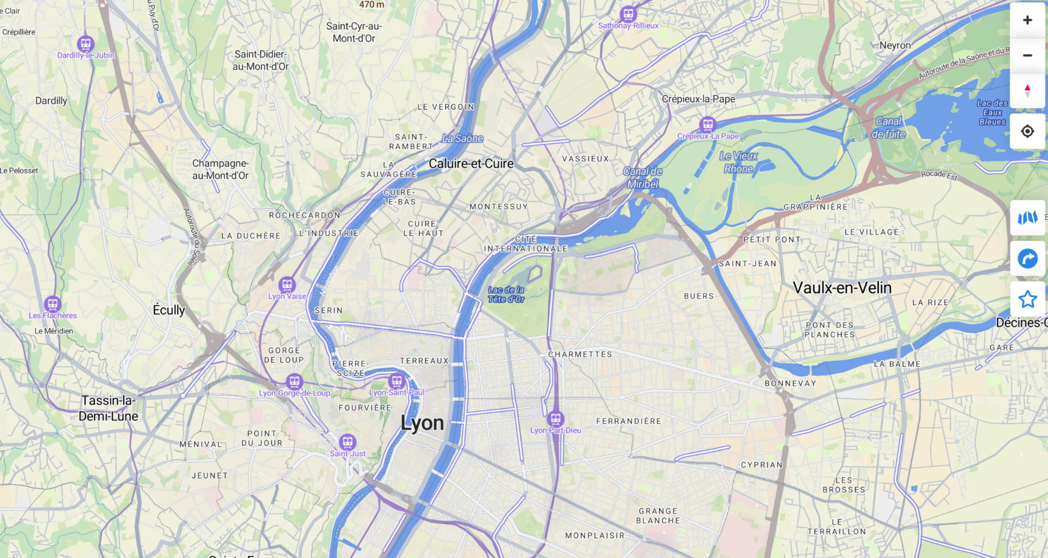 cartes.app est une alternative open-source à Google Maps, développée en France. Cette application a fait le choix de mettre en évidence les réseaux cyclables structurants comme les Voies Lyonnaises.