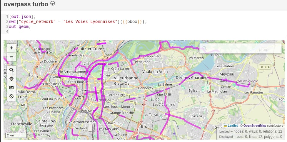 Capture d'écran de l'interface Overpass Turbo avec la requête pour obtenir les Voies Lyonnaises.