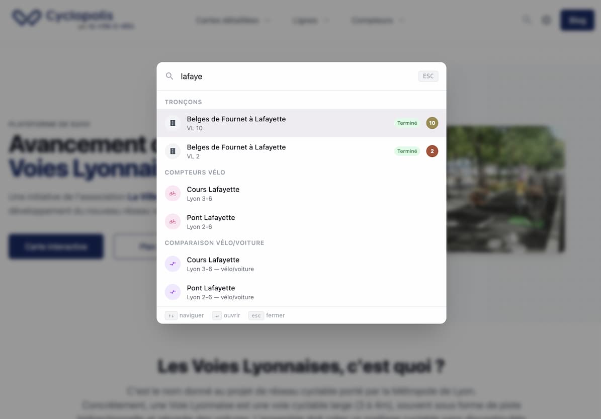 La recherche globale permet de trouver rapidement un tronçon, un compteur ou une Voie Lyonnaise