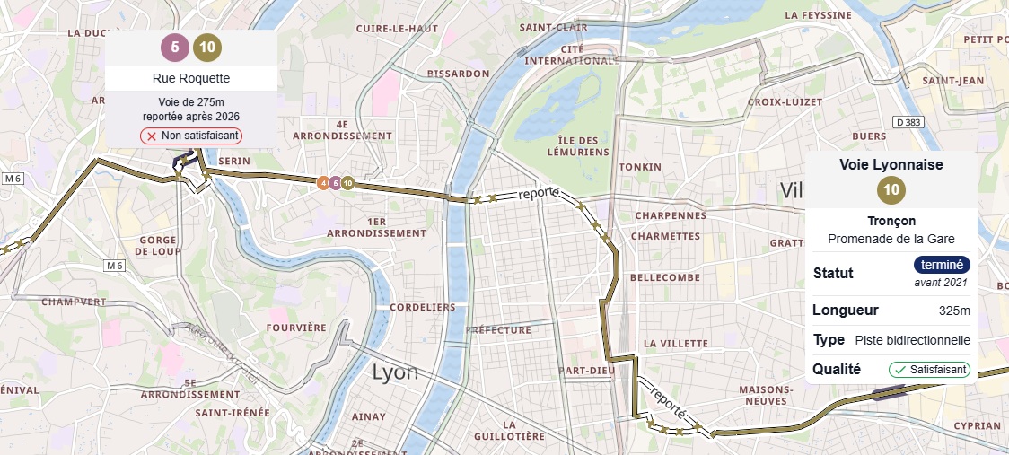Exemple si on clique sur un tronçon de la VL10 (Promenade de la Gare sur l'image ci-dessus), l'ensemble de la VL10 est mis en lumière tandis que les autres Voies Lyonnaises sont atténuées.