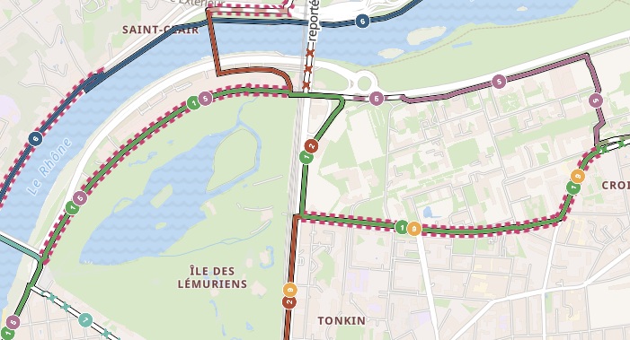 Exemple d'affichage des numéros des Voies Lyonnaises. Les tronçons partagés affichent plusieurs numéros dans des cercles juxtaposés.